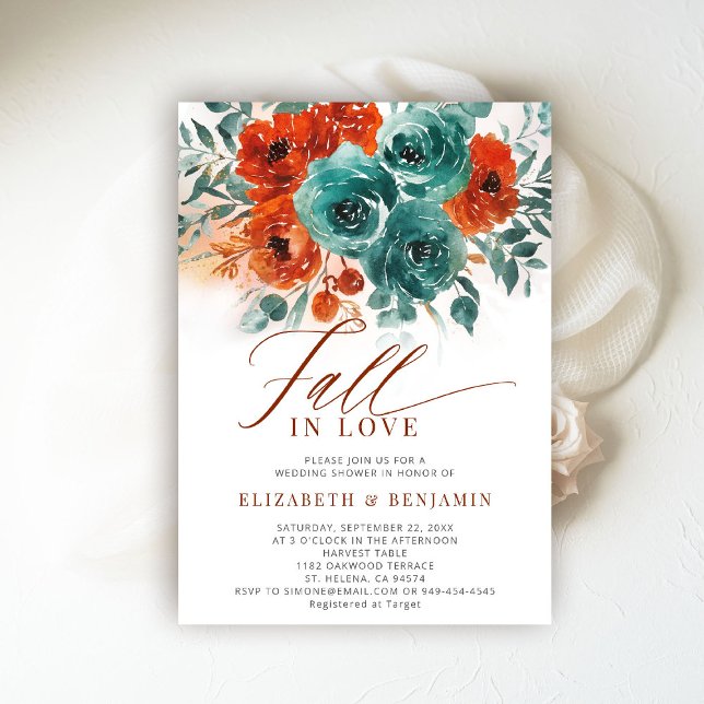 Invitación Fall Love Naranja Verde azulado Blooms Boda Ducha  (fall in love wedding shower invitation teal burnt orange terracotta watercolor calligraphy romantic)
