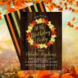 Invitación Fall Maple Leaves Wreath Faux Wood Birday Party<br><div class="desc">Las coloridas hojas de arce de otoño flanquean en amarillo dorado, naranja rústico, rojo y verde sobre una falsa nogal oscura apariencia de madera de fondo invitaciones de fiesta de cumpleaños. Se muestra aquí por 40 años, la invitación puede ser modificada para cualquier edad. Diseño original de Holiday Hearts Designs...</div>