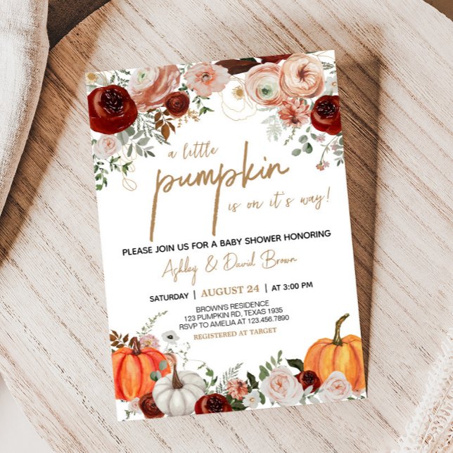 Invitación Fall Marsala Burgundy Floral Pumpkin Baby Shower (Fall Floral Pumpkin Baby Shower Invitation)