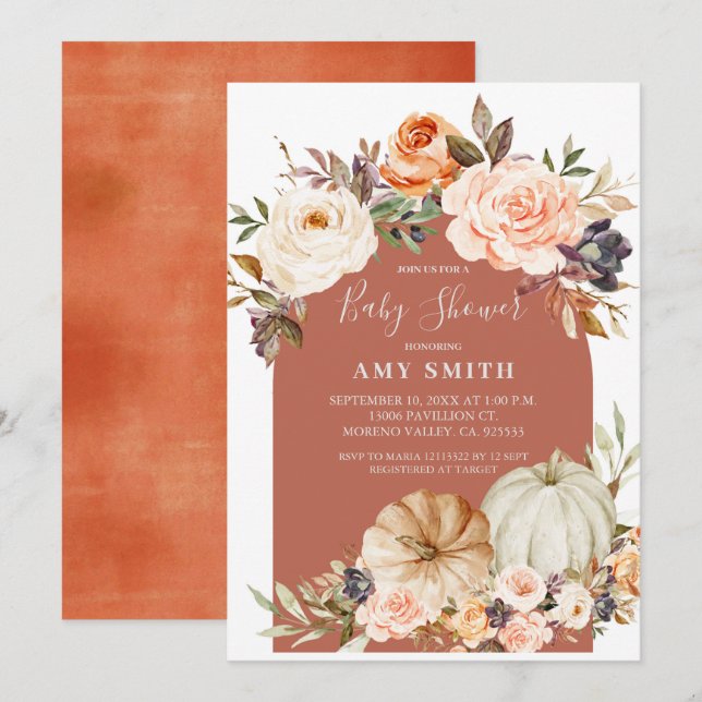 Invitación Fall Modern Arch Floral y Pumpkin Baby Shower  (Anverso / Reverso)