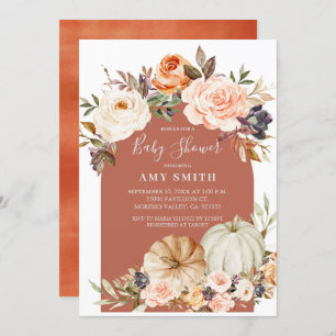 Invitación Fall Modern Arch Floral y Pumpkin Baby Shower 