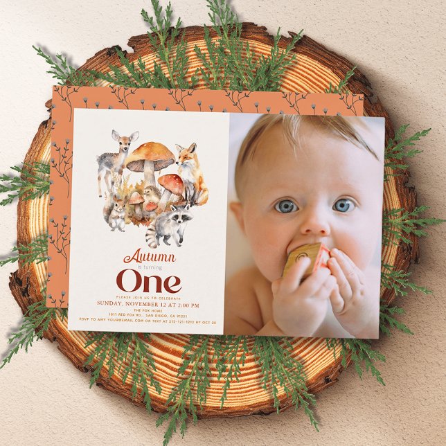 Invitación Fall Mushroom Woodland Animales 1er cumpleaños Fot (Subido por el creador)
