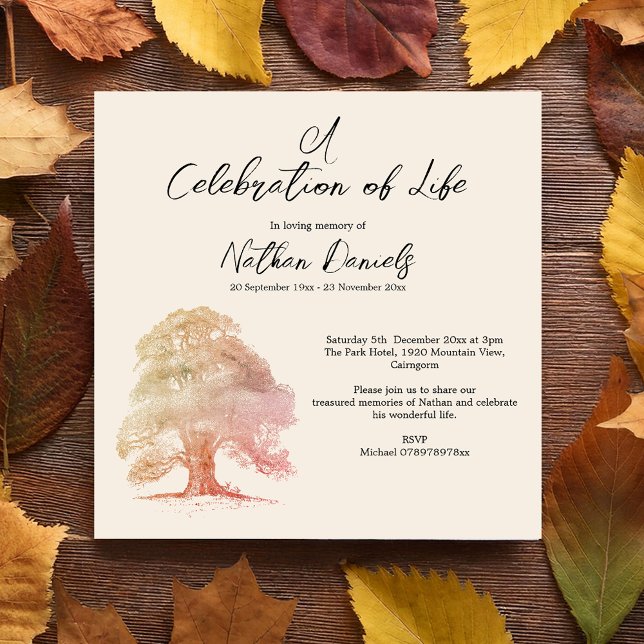 Invitación Fall Oak Tree Celebration of Life Card (Subido por el creador)
