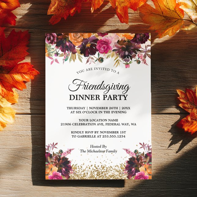 Invitación Fall Otoño Floral Gold Friendding Purpurina (Fall Autumn Floral Gold Glitter Friendsgiving Invitation)