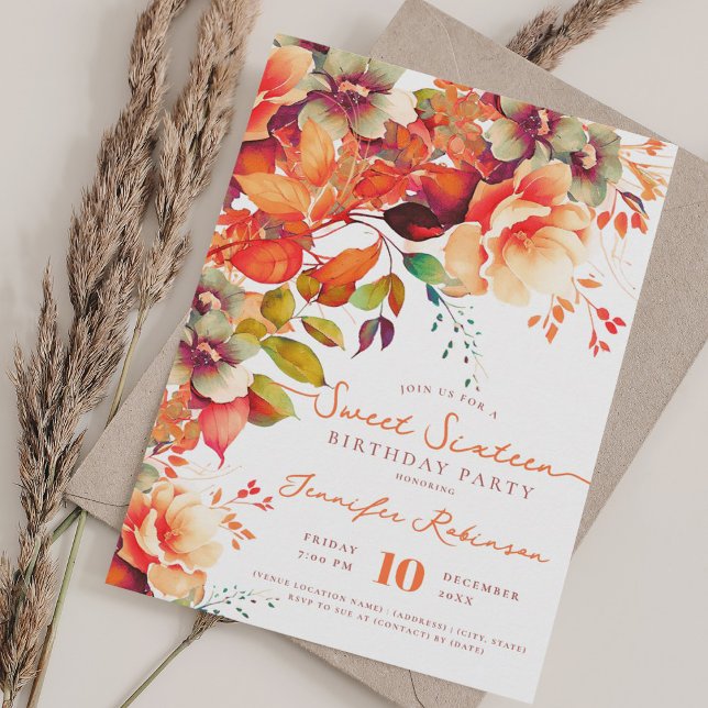 Invitación Fall Otoño Jardín Floral Dulce 16 Fiesta de Cumple (Fall Autumn Garden Floral Sweet 16 Birthday Party Invitation)
