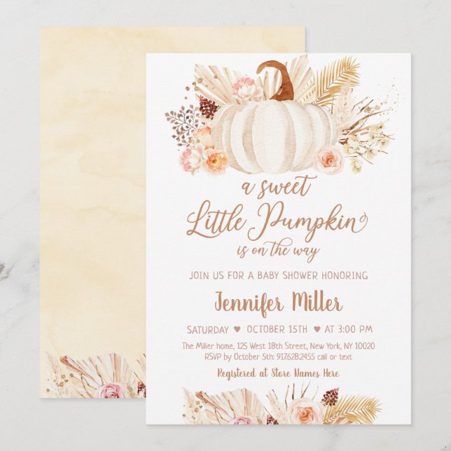 Invitación Fall Pampas Grasa Pequeña Calabaza Baby Shower (Anverso / Reverso)