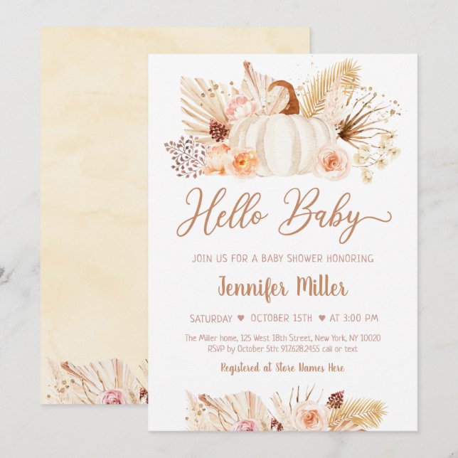 Invitación Fall Pampas Grass Pumpkin Baby Shower (Anverso / Reverso)