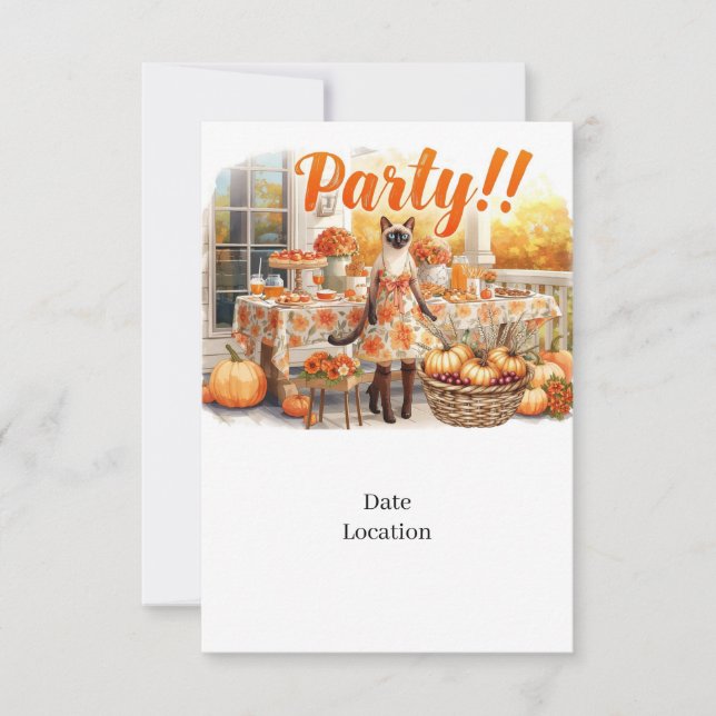Invitación Fall Party Invitation Card  for Siamese Cat Lovers (Anverso)