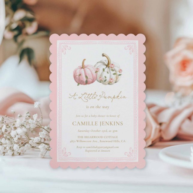 Invitación Fall Pink Pumpkin Baby Shower Invite (Fall Pink Girl Baby Shower Invitation)