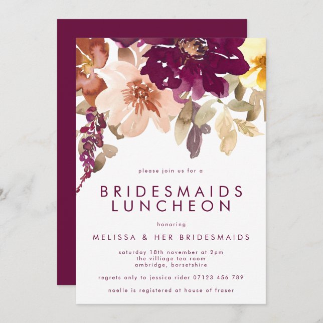 Invitación Fall Plum Floral Bridesmaids Luncheon (Anverso / Reverso)