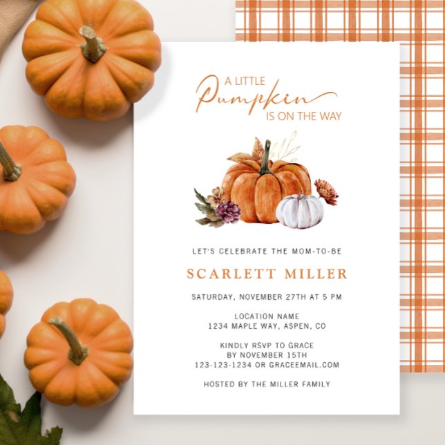 Invitación Fall Pumpkin Baby Shower (A Little Pumpkin Is On The Way Baby Shower Invitation Fall Autumn Watercolor Floral)
