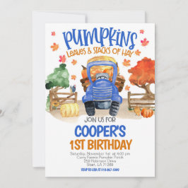 Invitación Fall Pumpkin Blue Tractor Boys Cumpleaños