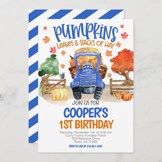 Invitación Fall Pumpkin Blue Tractor Boys Cumpleaños (Anverso / Reverso)