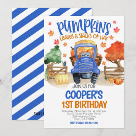 Invitación Fall Pumpkin Blue Tractor Boys Cumpleaños