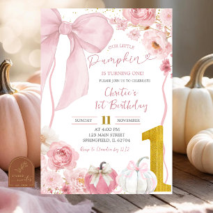 Invitación Fall Pumpkin Bow Coquette Rosa Floral Cumpleaños