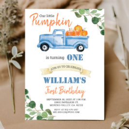 Invitación Fall Pumpkin Boy Primer pequeño camión azul cumple