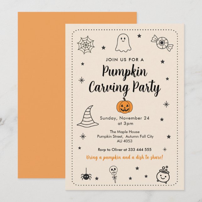 Invitación Fall Pumpkin Carving Party Halloween Doodles (Anverso / Reverso)