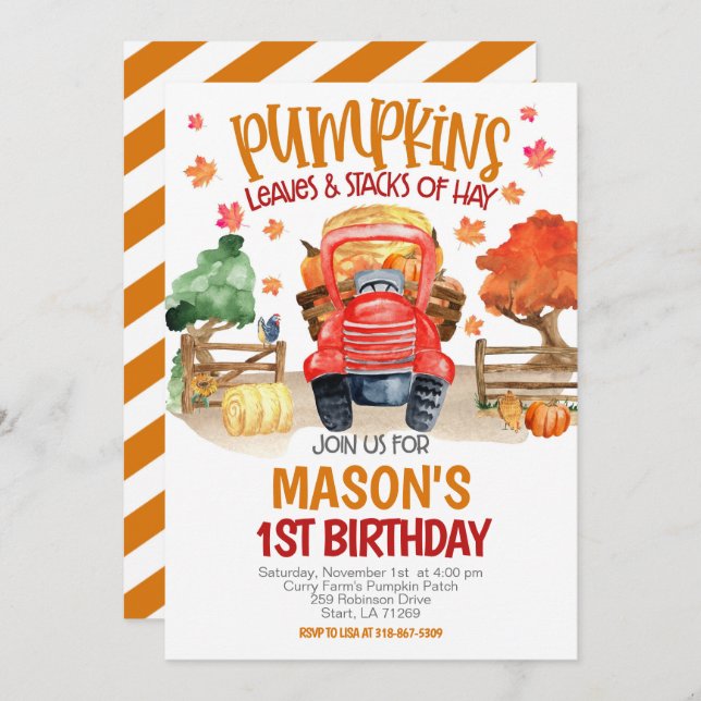 Invitación Fall Pumpkin Tractor Cumpleaños (Anverso / Reverso)
