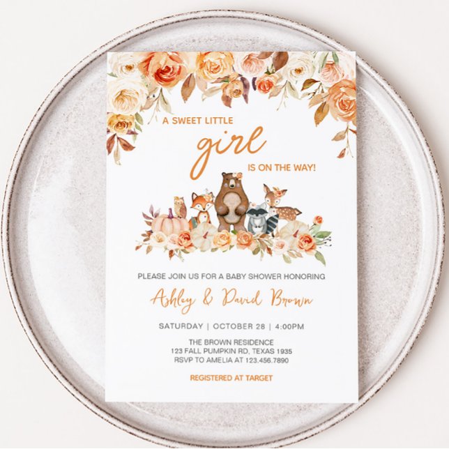 Invitación Fall Pumpkin Woodland Baby Shower (Floral Fall Woodland Baby Shower Invitation)