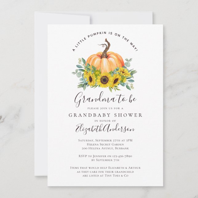 Invitación Fall Sunflower Pumpkin Grandma to be Baby Shower (Anverso)