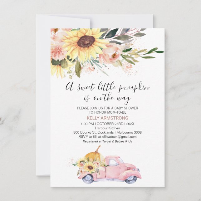 Invitación Fall Sunflowers Floral Pumpkin Truck Baby Shower (Anverso)