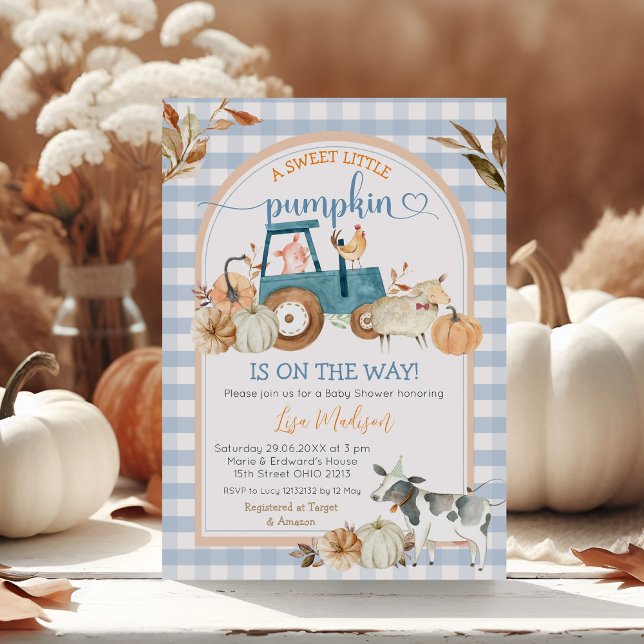 Invitación Fall Sweet Little Pumpkin Blue Gingham Baby Shower (Subido por el creador)