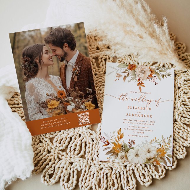 Invitación Fall terracotta Foto elegante boda de código QR (Subido por el creador)