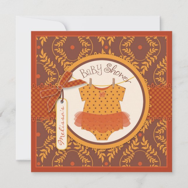 Invitación Fall Tutu y Autumn Damask Vine Baby Shower (Anverso)