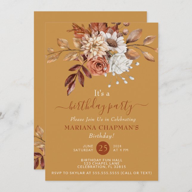Invitación Fall Watercolor Floral Gold Birday Party (Anverso / Reverso)