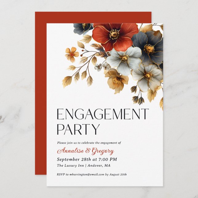 Invitación Fall Watercolor Florals Engagement Party (Anverso / Reverso)