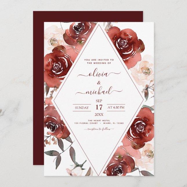Invitación Fall Wednt Naranja Burnt Floral Elegant (Anverso / Reverso)