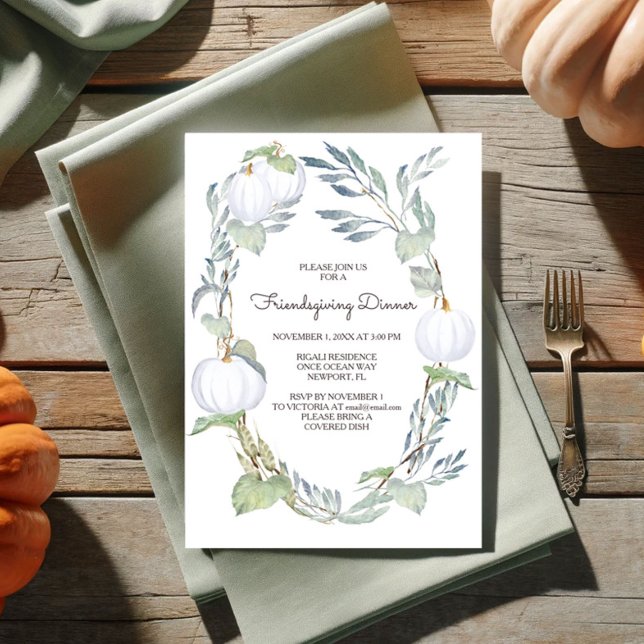 Invitación Fall WHITE PUMPKIN Greenery Friends Giving (Friendsgiving invitations fall white pumpkin )
