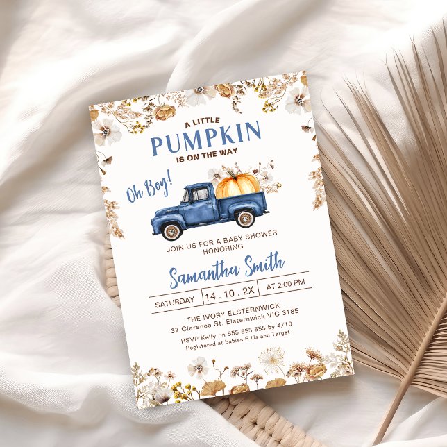 Invitación Fall Wildflower Blue Pumpkin Truck Baby Shower (Wildflowers Fall Little Pumpkin Baby Shower Invitation, Boy Blue Little Pumpkin Truck Baby Shower )