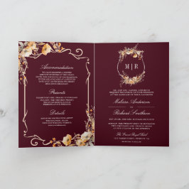 Invitación Fall Wildflower Crest Burgundy QR Code Wedding