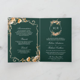 Invitación Fall Wildflower Crest Emerald QR Code Wedding
