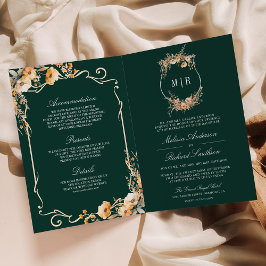 Invitación Fall Wildflower Crest Emerald QR Code Wedding
