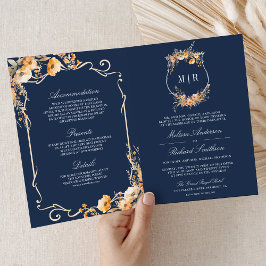 Invitación Fall Wildflower Crest Navy Blue QR Code Wedding