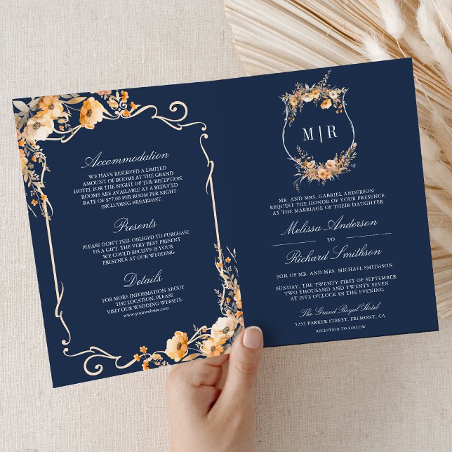 Invitación Fall Wildflower Crest Navy Blue QR Code Wedding (Subido por el creador)