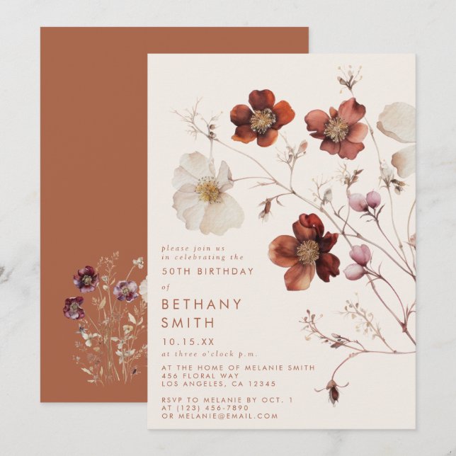 Invitación Fall Wildflower Field Birday Party (Anverso / Reverso)