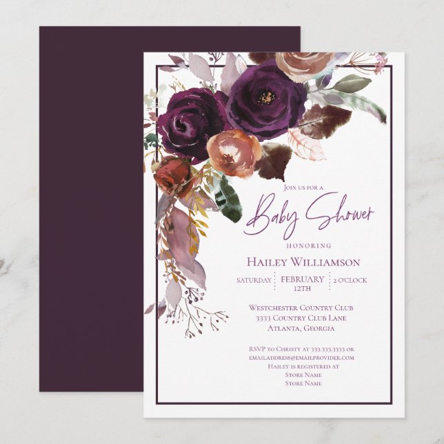 Invitación Fall Winter Plum, Pink and Gold Baby Shower (Anverso / Reverso)