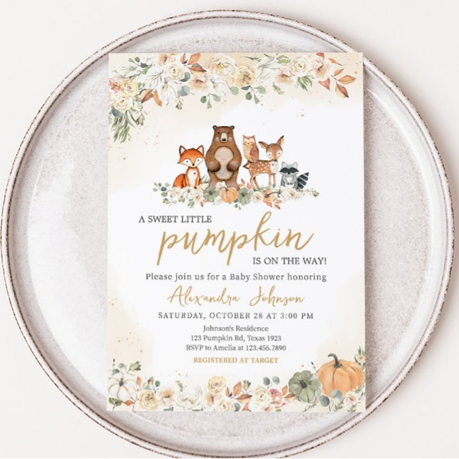 Invitación Fall Woodland Baby Shower (Woodland Animals Fall Pumpkin Baby Shower Invitation)