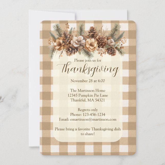 Invitación Fall Woodland Botanical Brown Gingham Thankending (Anverso)