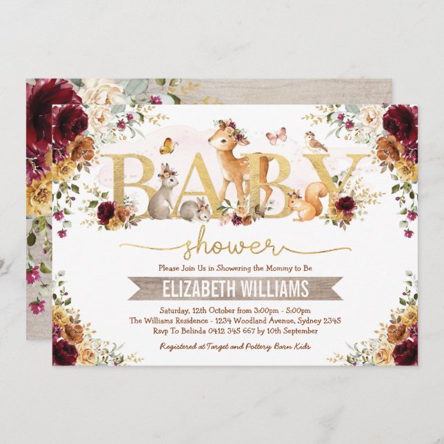 Invitación Fall Woodland Naranja Burgundy Floral Baby Shower (Anverso / Reverso)