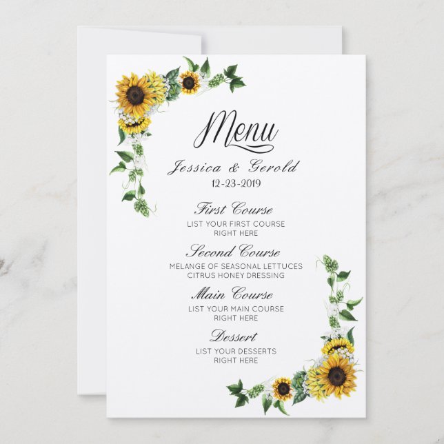Invitación Fall Yellow Sunflower Rusn Barn Menú Boda (Anverso)