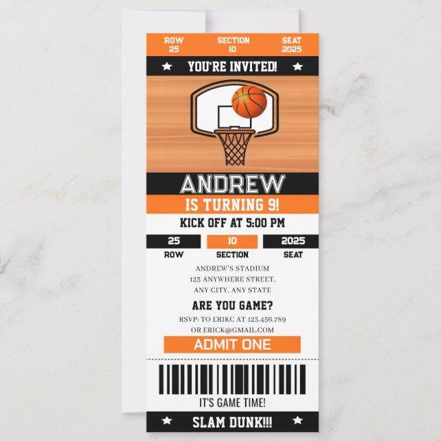 Invitación Fallece evento de cumpleaños de Básquetbol de últi (Anverso)