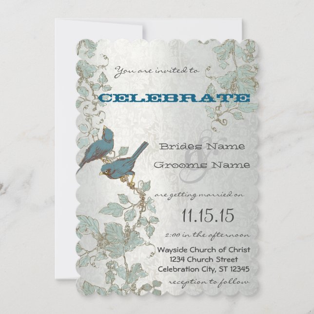 Invitación Falleciendo pájaros azules sentados en un Boda de  (Anverso)