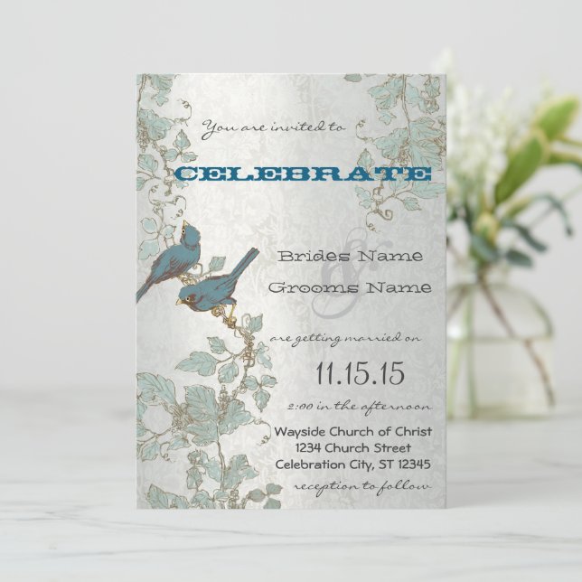 Invitación Falleciendo pájaros azules sentados en un Boda de  (Anverso de pie)