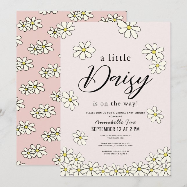 Invitación Falling Daisies Floral Pink Virtual Baby Shower (Anverso / Reverso)