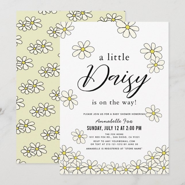 Invitación Falling Daisies White Floral Baby Shower (Anverso / Reverso)