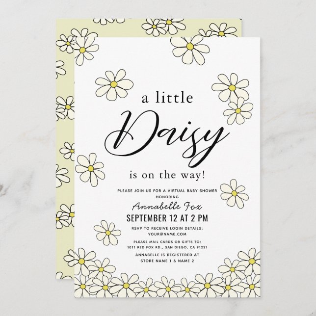 Invitación Falling Daisies White Floral Virtual Baby Shower (Anverso / Reverso)